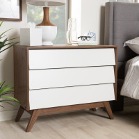 Baxton Studio Hildon 3DW-Walnut/White-Chest Hildon Mid-Century Modern White and Walnut Wood 3-Drawer Storage Chest